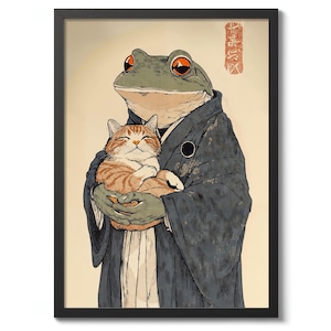 Groda som håller katt Anime-tryck, japansk affisch, väggkonstdekor, djurpresent