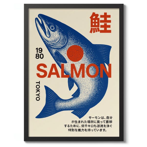 Tokyo Lachs 1980 Druck, Japanisches Plakat, Grafik Ausstellung Wand Kunst Dekor, Essen Thema Geschenk
