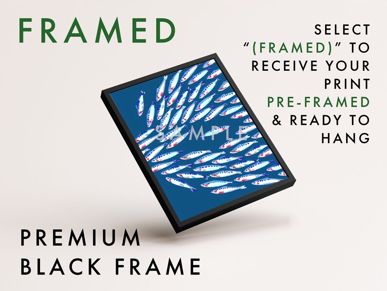 Puede incluir: Una impresi&oacute;n enmarcada de un fondo azul con un banco de peces blancos y azules con acentos rojos. El marco es negro y el texto "(FRAMED)" TO RECEIVE YOUR PRINT PRE-FRAMED & READY TO HANG es visible en la imagen.
