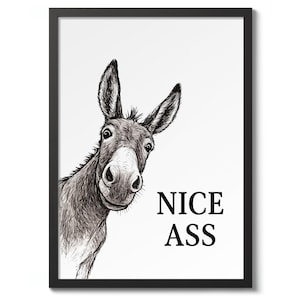 May include: Black framed art print featuring a detailed pen and ink illustration of a donkey's head and shoulders. The donkey is looking directly at the viewer. The words "NICE ASS" are printed in bold black letters on the white background.