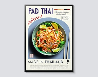 Pad Thai Thai Cuisine Vintage Graphic Poster, Asian Food Wall Art Print, Thailand Noodles Decor, Unique Kitchen Gift