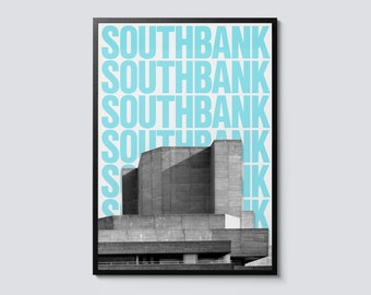May include: A black and white photograph of a modern concrete building with the word "SOUTHBANK" repeated in a light blue color.