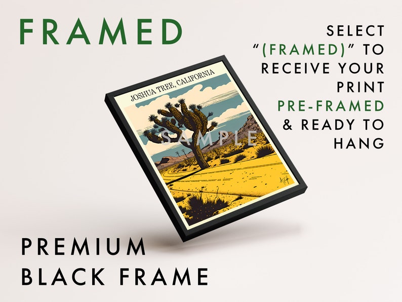 May include: A framed print of a Joshua Tree National Park landscape illustration. The print is in a black frame and is ready to hang. The text "Joshua Tree, California" is visible in the top left corner of the print.