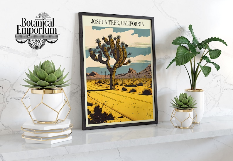 May include: A framed vintage-style poster with the text "Joshua Tree, California" and an illustration of a Joshua Tree in a desert landscape. The poster is displayed on a shelf with three potted plants.