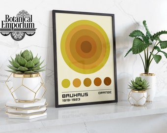May include: A framed print with a yellow and orange geometric design. The print has the text "Bauhaus 1919-1923" and "Orange" at the bottom. The print is displayed on a shelf with two potted plants.