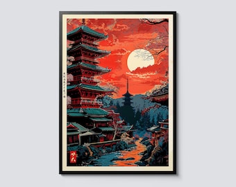May include: A digital illustration of a Japanese pagoda with a red and orange sky and a large white moon. The pagoda is surrounded by trees and a river. The text "大仏殿 東大寺" is written in Japanese on the left side of the image.