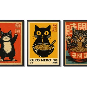 Kuro Neko Cats Trio Anime Print, Cat Themed Wall Art Poster