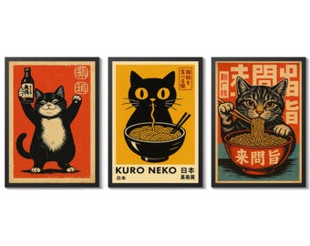 May include: Set of three framed art prints featuring stylized cats. One cat holds a bottle, another is above a bowl of noodles, and the third eats noodles with chopsticks. Each print has Japanese text.
