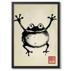 Peut inclure: Dessin à l'encre noir et blanc d'une grenouille les bras levés. La grenouille a de grands yeux et un corps rond. L'œuvre est encadrée dans un cadre noir et comporte un tampon rouge dans le coin inférieur droit.