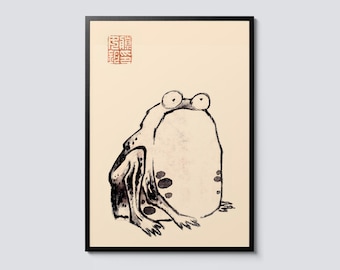 Japanese Frog Illustration, Ito Jakuchu Minimalist Line Art Print, Animal Nature Wall Decor, Unique Gift Idea