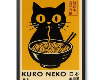 May include: Black framed poster featuring a black cat eating ramen from a black bowl. The poster has yellow and cream-colored backgrounds with Japanese text. The words "KURO NEKO" are at the bottom.