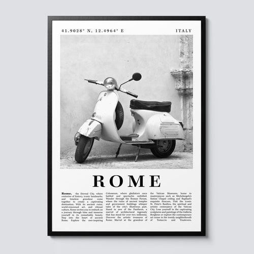 Rome, Italie, thème scooter, art mural photographique moderne, impression de décoration de voyage noir et blanc, affiche