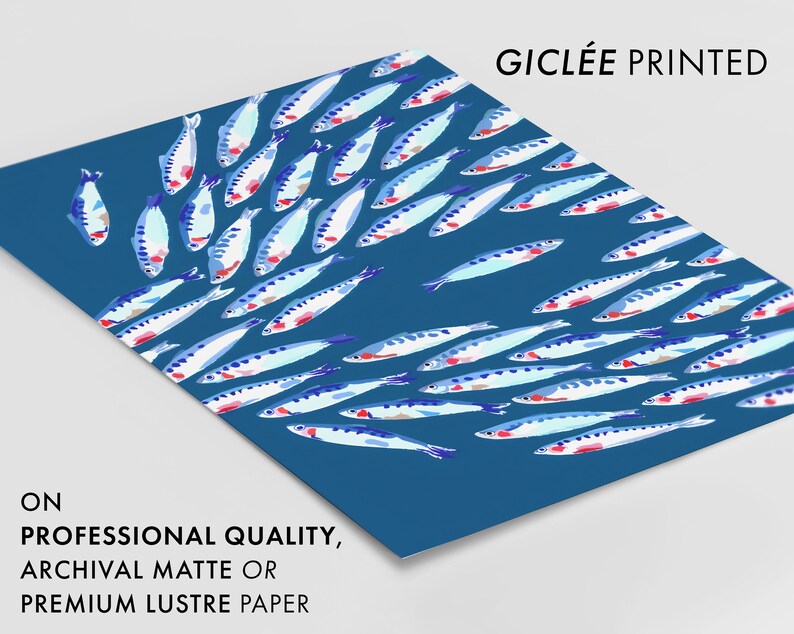 Puede incluir: Impresi&oacute;n gicl&eacute;e de un banco de peces azules y blancos con acentos rojos nadando en un fondo azul. La impresi&oacute;n est&aacute; disponible en papel mate de archivo o papel lustroso de calidad profesional.