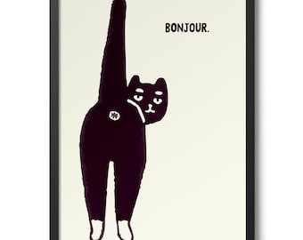 Bonjour typografieprint, grafische muurposter, decor kattendier