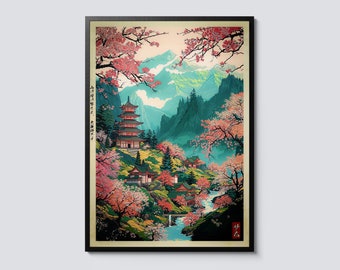 May include: A traditional Japanese landscape painting featuring a red pagoda nestled in a lush green valley with a flowing stream. The scene is framed by vibrant pink cherry blossoms and majestic mountains in the background. The painting includes Japanese text.