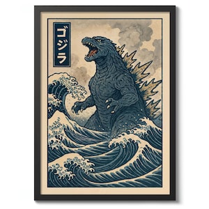 May include: Framed art print featuring Godzilla in a Japanese woodblock style. The artwork depicts the monster emerging from ocean waves, with the Japanese text "ゴジラ" in a blue rectangle. The color palette includes shades of blue, beige, and gold.