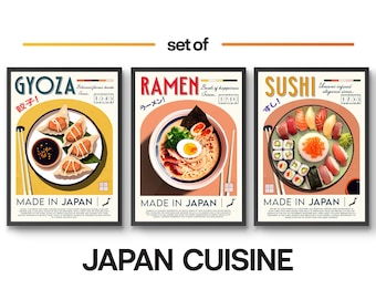 Set med 3 posters med japansk mat, mattryck, ramen, sushi, modern köksinredning, barkonst, retro väggkonst, Japan, inramad A6 A5 A4 A3 A2 A1