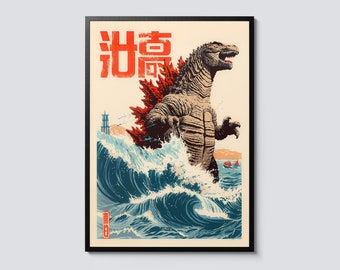 May include: A vintage-style poster featuring Godzilla, a giant monster, emerging from the ocean waves. The poster has a Japanese aesthetic with a red and white kanji character that reads "Godzilla" in the top left corner. The poster is framed in black.