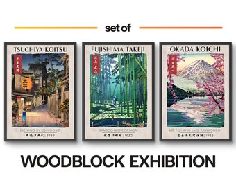 Woodblock Exhibition Set Of 3 Prints, Japan Landscape Poster, Oriental Wall Art, Woodblock Home Décor Gift Idea, framed A6 A5 A4 A3 A2 A1