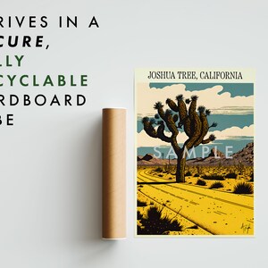 May include: A vintage-style illustration of a Joshua Tree National Park scene. The illustration features a Joshua Tree in the foreground, a winding road, and a mountain range in the background. The text "Joshua Tree, California" is printed at the top of the illustration.