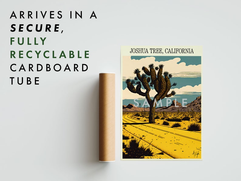May include: A vintage-style illustration of a Joshua Tree National Park scene. The illustration features a Joshua Tree in the foreground, a winding road, and a mountain range in the background. The text "Joshua Tree, California" is printed at the top of the illustration.