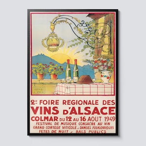 Póster con ilustración vintage de vino de Alsacia, Francia, impresión de arte mural con vino y flores, decoración europea con encanto, idea de regalo perfecta.