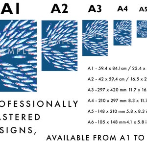 Puede incluir: Un p&oacute;ster con fondo azul y un patr&oacute;n de peces blancos y azules. El p&oacute;ster est&aacute; disponible en seis tama&ntilde;os: A1, A2, A3, A4, A5 y A6. El p&oacute;ster est&aacute; profesionalmente realizado y disponible desde A1 hasta A6.
