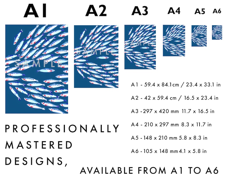 Puede incluir: Un p&oacute;ster con fondo azul y un patr&oacute;n de peces blancos y azules. El p&oacute;ster est&aacute; disponible en seis tama&ntilde;os: A1, A2, A3, A4, A5 y A6. El p&oacute;ster est&aacute; profesionalmente realizado y disponible desde A1 hasta A6.