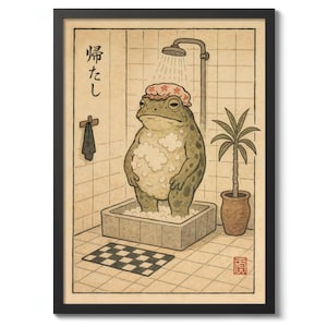 Pode incluir: Impressão artística emoldurada com um sapo de desenho animado tomando banho em um banheiro de estilo japonês. O sapo usa uma touca de banho floral e está em uma banheira de pedra. A impressão tem uma estética vintage com texto japonês.