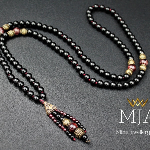 Spiritual Energy Garnet Beaded 108 Mala Necklace Hand Knot Red Garnet And Black Onyx Beaded Tassel Long Japa Mala Meditation Yoga Jewelry