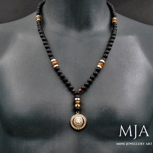 Lion With Tiger&#39;s Eye Necklace Protection Stone Natural Lava Gemstone Necklace Men&#39;s Women&#39;s Necklace Gift For Him Gold And Black Jewelry