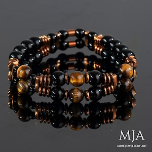 Tiger&#39;s Eye Bracelet: Copper Hematite & Black Onyx Gemstone Jewelry