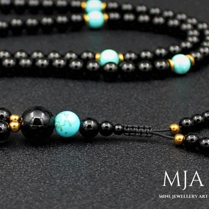 Turquoise And Onyx 108 Mala Bead Necklace Mala Tassel Necklace, Gold Hematite Japa Mala Mala Buddhist Mala Beads, 108 Yoga Gift Necklace image 4