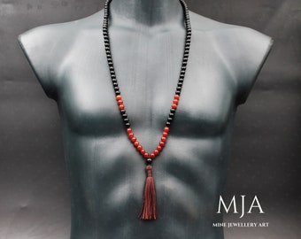 Red Agate 108 Mala Necklace with Black Onyx Beads Tassel Yoga Buddhist Meditation Jewelry Long Gemstone Necklace Hand Knotted Japa Mala