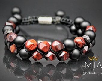Red Tiger's Eye & Onyx Macrame Bracelet - Adjustable Protection Bracelet