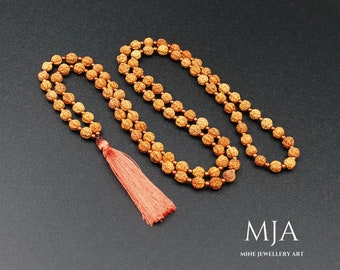 Rudraksha Meditation Mala | Sage Meditation 108 Mala Bead Necklace Copper Hematite Japa Mala Buddhist Mala Yoga Necklace Tassel Mala Jewelry