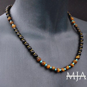 Turquoise & Matte Tiger Eye Choker Necklace Onyx Gemstone Choker Gold Hematite Necklace Men&#39;s And Women&#39;s Necklace Turquoise Beaded Jewelry