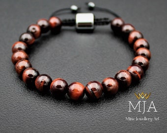 Red Tiger's Eye Bracelet: Hematite Stone Macrame Jewelry