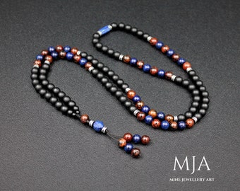 Lapis Lazuli 108 Mala Necklace with Red Agate, Tassel, Black Onyx Beads, and Silver Hematite - Yoga, Buddhist Meditation, Jewelry Gifts