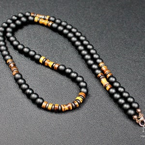 Tiger Eye & Matte Black Onyx Beaded Necklace - Men&#39;s Gemstone Choker
