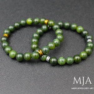 Green Jade Beaded Bracelet: Gold & Silver Hematite Stone Stretch Jewelry