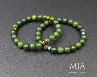 Green Jade Beaded Bracelet: Gold & Silver Hematite Stone Stretch Jewelry