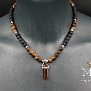 Tiger Eye Pendant Necklace: Lava Stone Diffuser, Hematite Beaded Necklace
