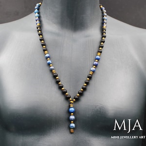 Unique Lapis Lazuli Gemstone Necklace with Gold Hematite and Onyx Accents