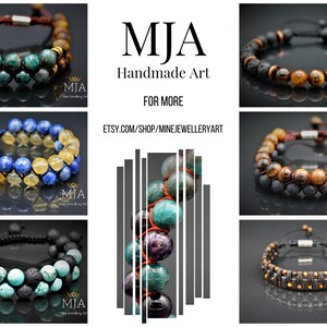K&ouml;nnte beinhalten: Eine Sammlung von sechs Armb&auml;ndern aus verschiedenen Edelsteinen und Lavasteinen. Die Armb&auml;nder werden auf einem wei&szlig;en Hintergrund mit dem Text "MJA Handmade Art" und einem Link zum Etsy-Shop "Etsy.com/shop/minejewelleryart" pr&auml;sentiert.