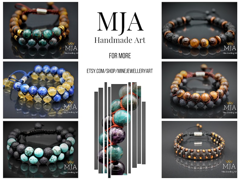 K&ouml;nnte beinhalten: Eine Sammlung von sechs Armb&auml;ndern aus verschiedenen Edelsteinen und Lavasteinen. Die Armb&auml;nder werden auf einem wei&szlig;en Hintergrund mit dem Text "MJA Handmade Art" und einem Link zum Etsy-Shop "Etsy.com/shop/minejewelleryart" pr&auml;sentiert.