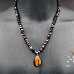 Tiger&#39;s Eye Pendant Lapis Lazuli Gemstone Necklace Black Lava Stone Silver Hematite Men&#39;s Necklace Gift For Him Jewelry