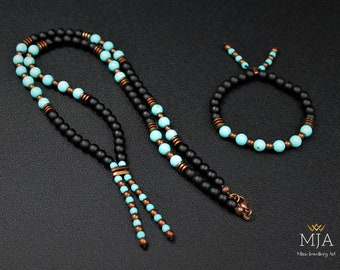 Turquoise Necklace Bracelet Set: Copper Hematite & Black Onyx Jewelry