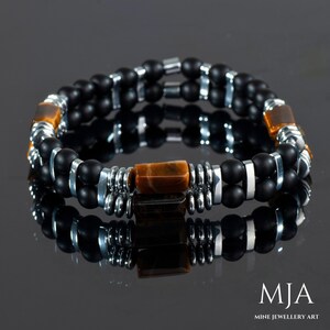 Tiger&#39;s Eye Bracelet Silver Hematite & Black Onyx Bead Jewelry Double Stone Bracelet Man and Women Gift Bracelet Brown Gemstone Jewelry