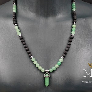 Green Aventurine Point Pendant Necklace Black Lava Stone Beaded Necklace Aventurine Gemstone Long Necklace for Men & Women Gift Jewelry